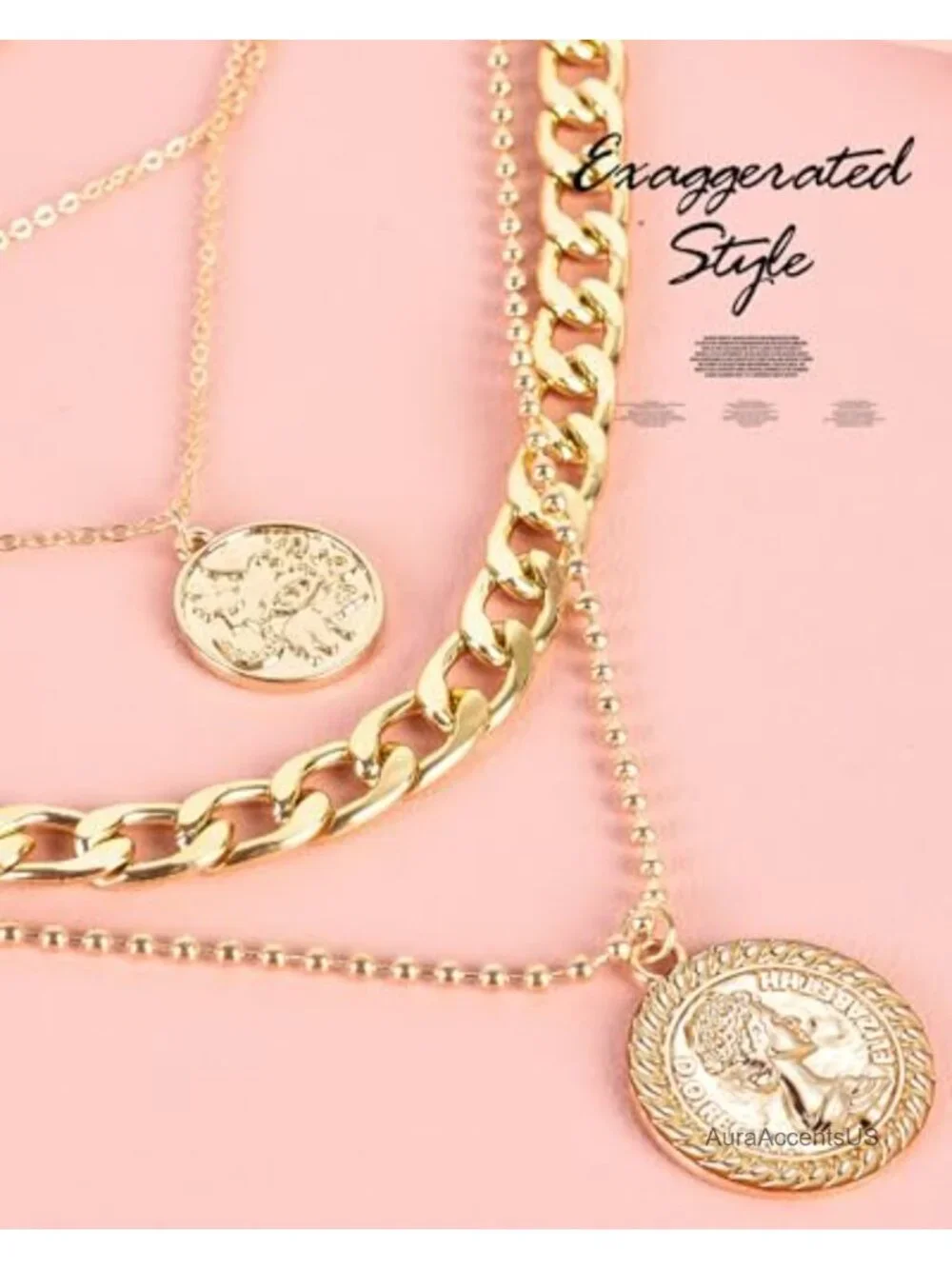 Layered Necklace Set - Retro Coin Pendant Chunky Chains - Gold Plated Alloy